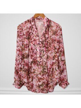 Coldwater Creek Pintuck Popover Top Long Sleeve Sheer Pink Abstract Artsy Size L